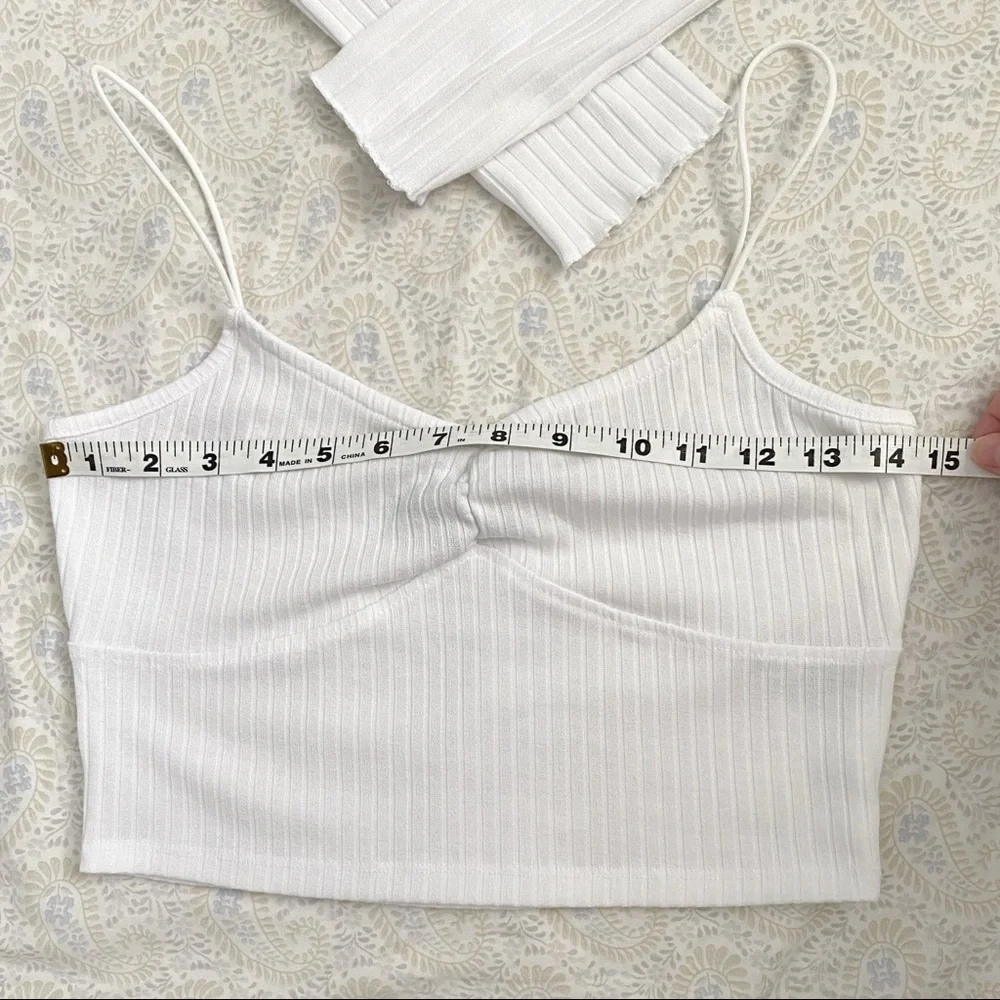 Mixed Threads (juniors) ribbed long sleeve cardi + cropped cami coord set, white - Picture 7 of 11